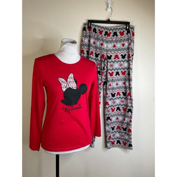 Disney Womens Minnie Mouse 2 Pc PAJAMAS Size Small Fleece Pants RED Gray - Picture 2 of 11